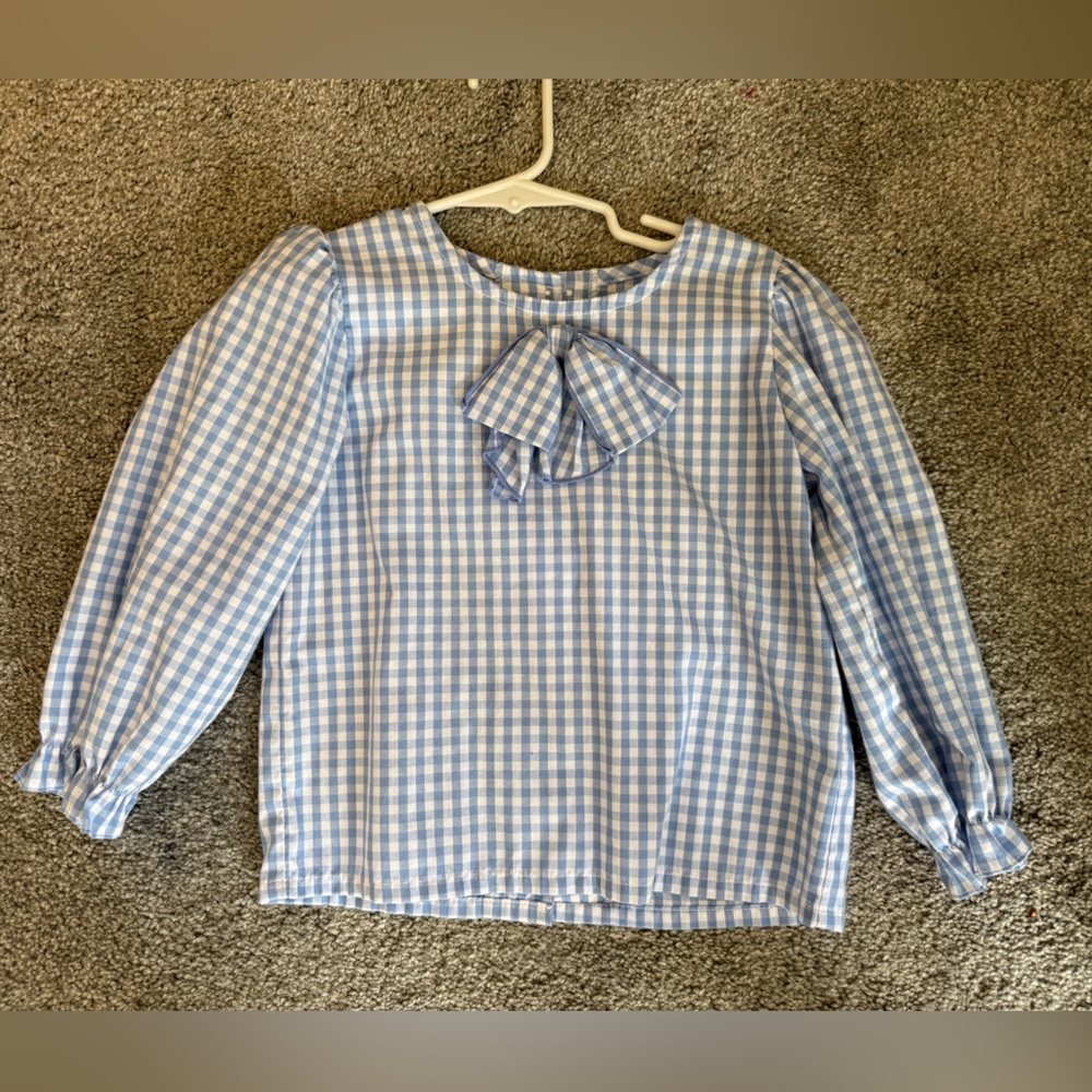 Blue and White Gingham Blouse with Bow
